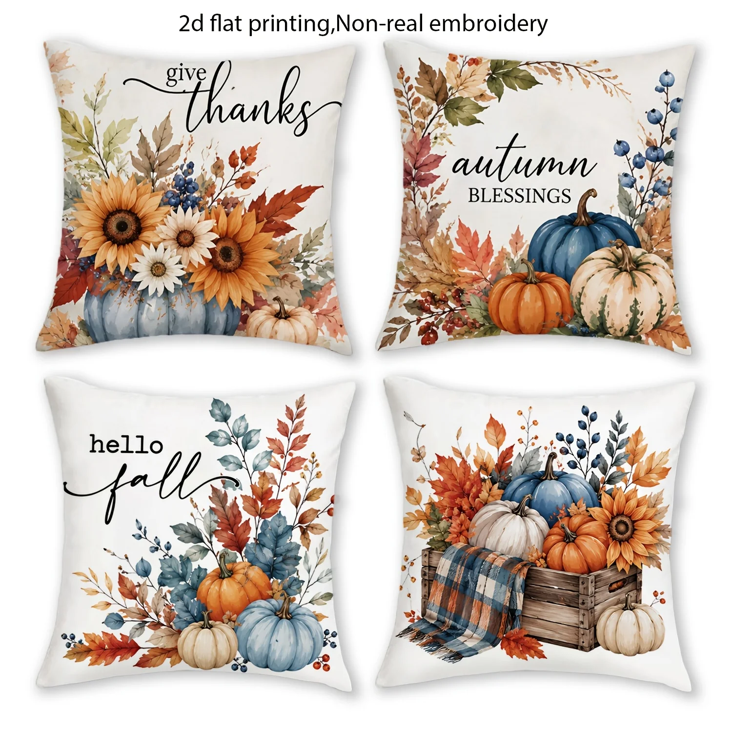 4 Pack Autumn Fall Print Pillow Covers Set Sunflower Pumpkin Thanksgiving Seasonal Floral Decor Polyester Throw Cushions