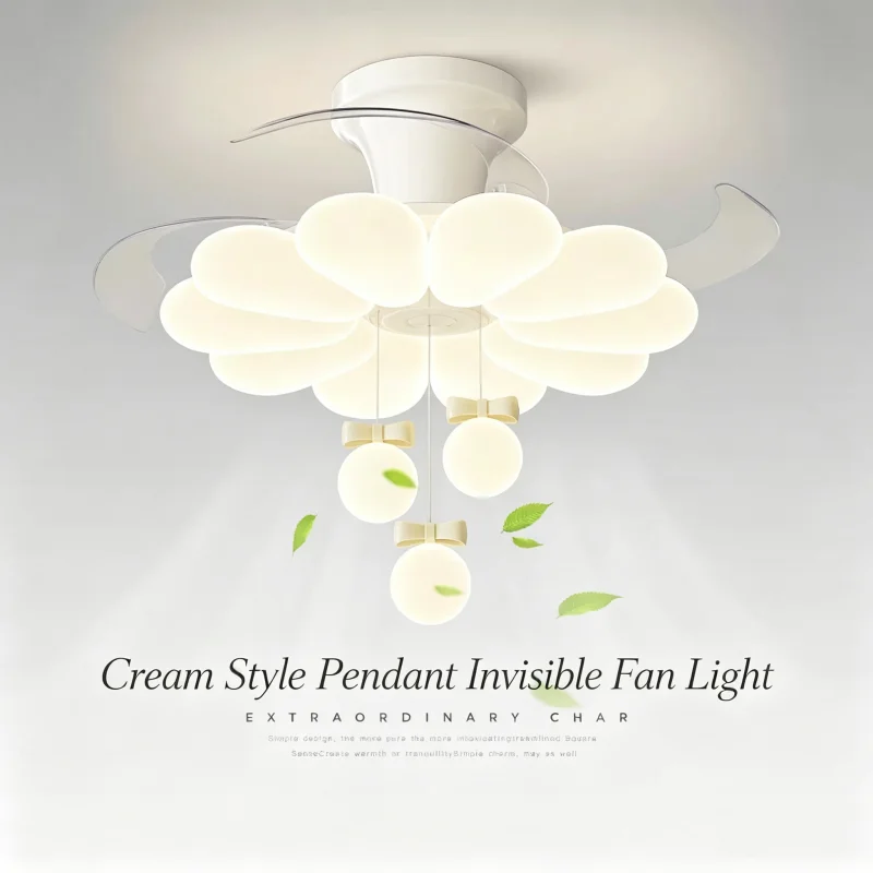 Cream Style Floral Ceiling Fan Light Hidden Blades Modern Minimalist Dimmable LED Lamp Living Room Bedroom Home Decor ventilate