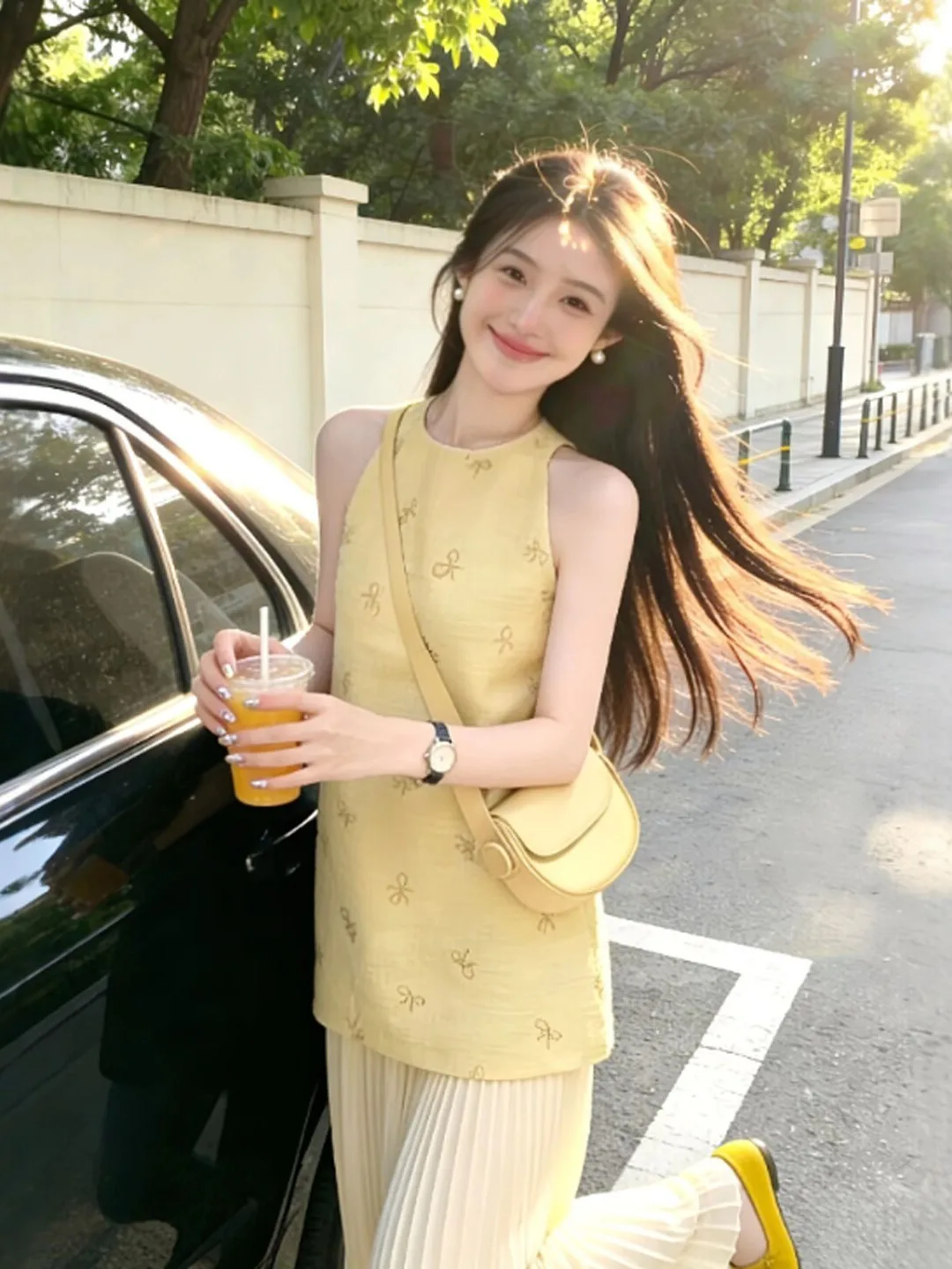 

Unique Beautiful Pleated Slimming Skirt Vest Dress Summer Beach Vacation Style Soft Wind Gentle Feel Polyester Fiber Midi Dress