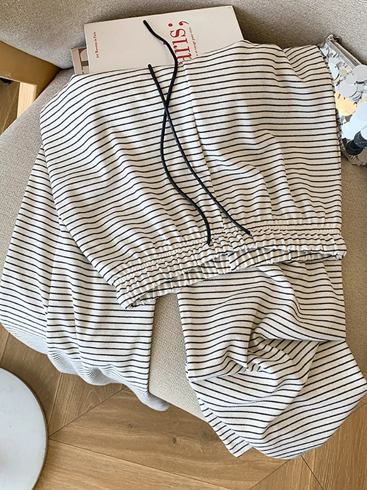 

Рекомендация уровня Chao, женские повседневные брюки Dra, широкие брюки в полоску, свободный крой, осенние ленивые брюки с высокой талией, полиэфирное волокно