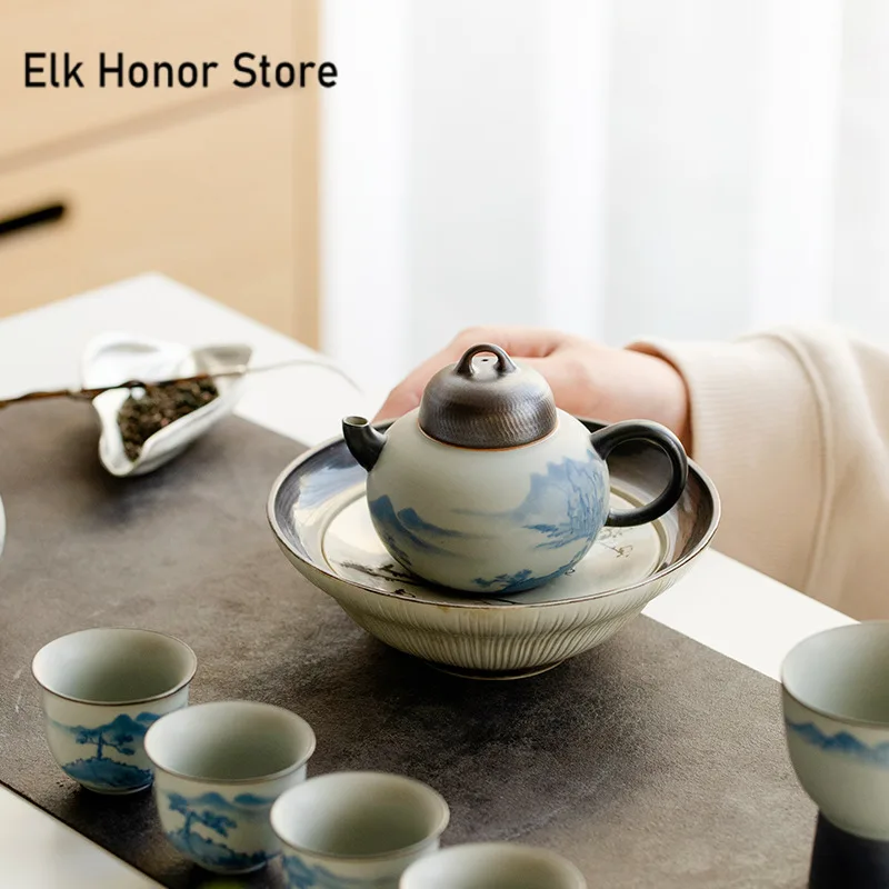 150ml Pure Hand-painted Landscape Ceramic Teapot Retro Matte Glaze Pot with Ball Hole Filter Chinese Tea Brewing Kettle Teawre