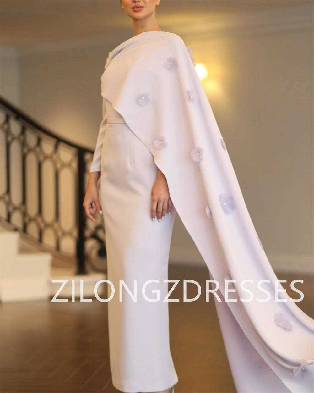 Customized Purple Jersey Evening Dresses Exquisite Long Sleeves Homecoming Dresses Fashion Flowers Special Occasion Gowns