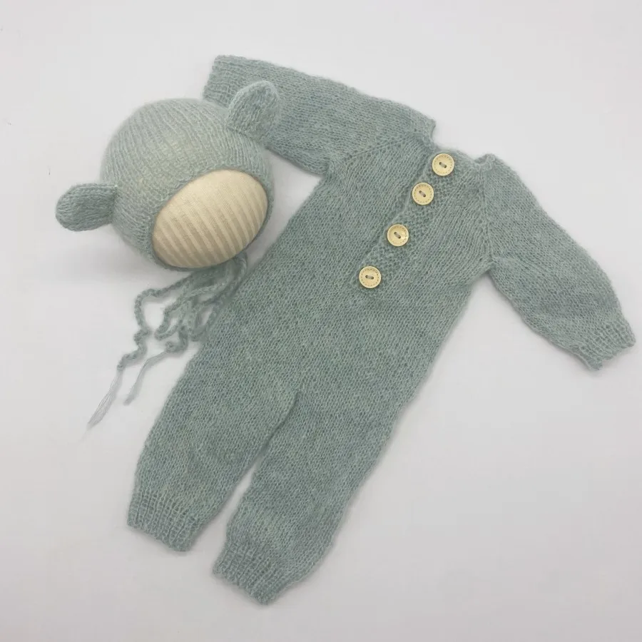 Hand Made Newborn Mohair Onesie  Photography Props Baby  Bear Bonnet & Romper Set
