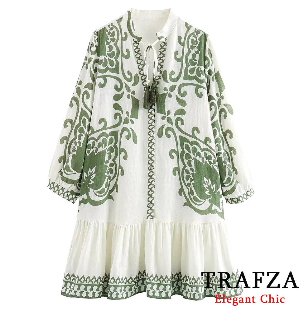 TRAFZA Casual Elegant Printed Fringed Dress Women\'s Loose Lace-Up Short Dress New 2024 Spring Summer Fasion Vacation Beach Dress