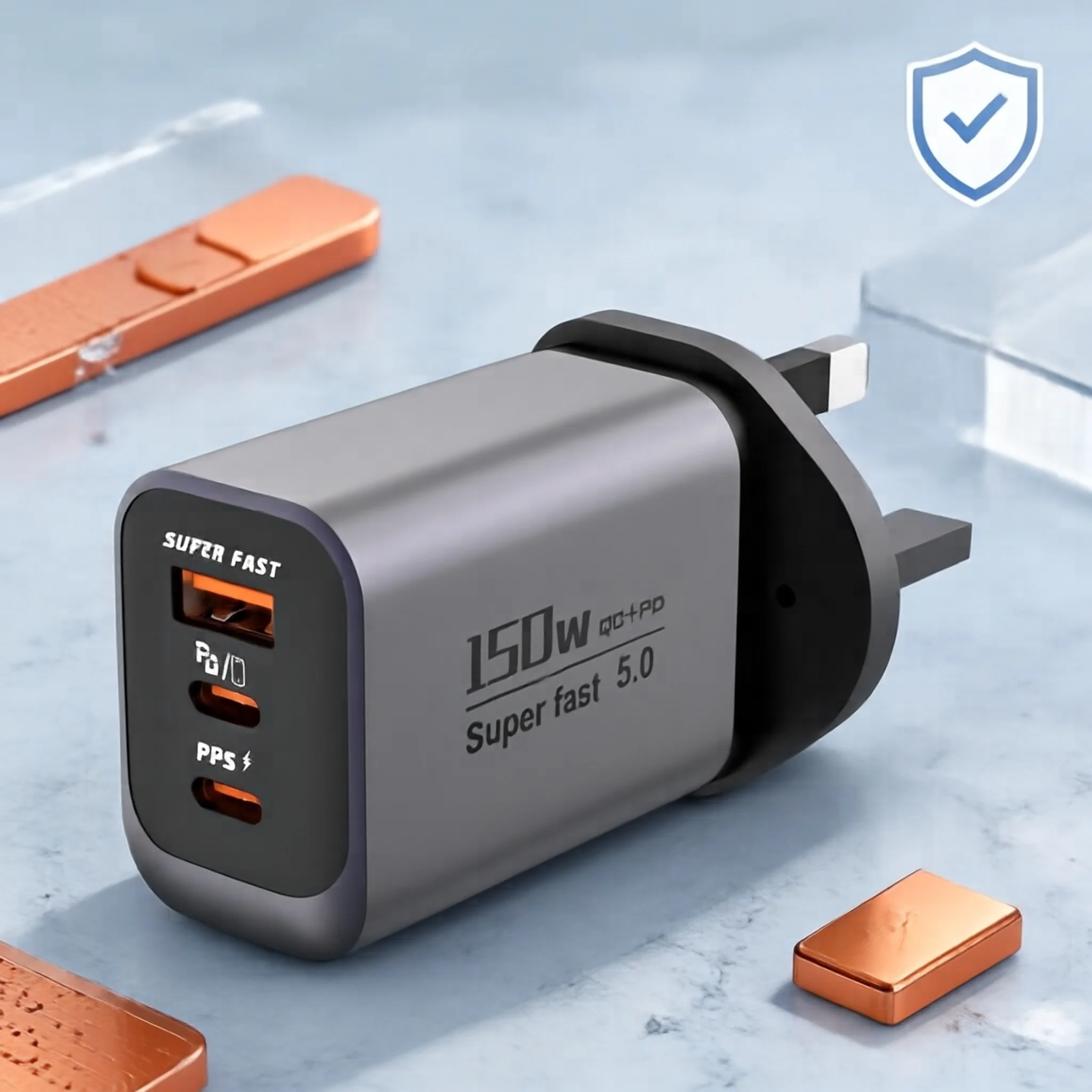 150W GaN Charger UK Plug 3‑Port Wall Charger Adapter PD PPS QC5.0 Super Fast Charging Block For iPhone Samsung Xiaomi Laptop