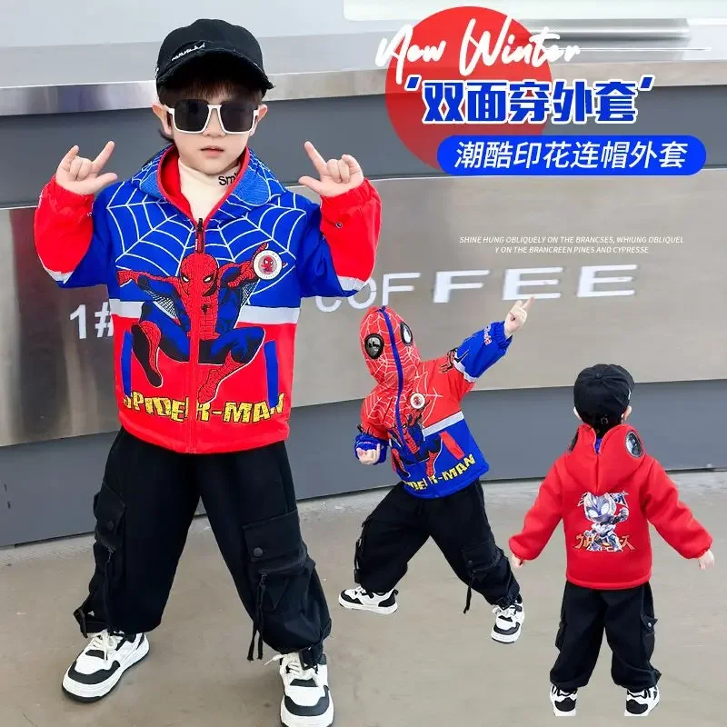 

Spiderman boys winter thickened coat windbreaker 2024 new sports reversible fashion personality hooded cartoon print jacket