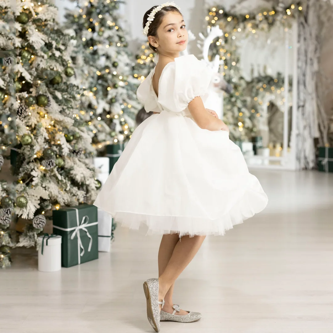 

Customized White Flower Girl Dress Tulle Puffy Short Sleeve For Wedding Birthday Prom Pageant Holy Communion Gown