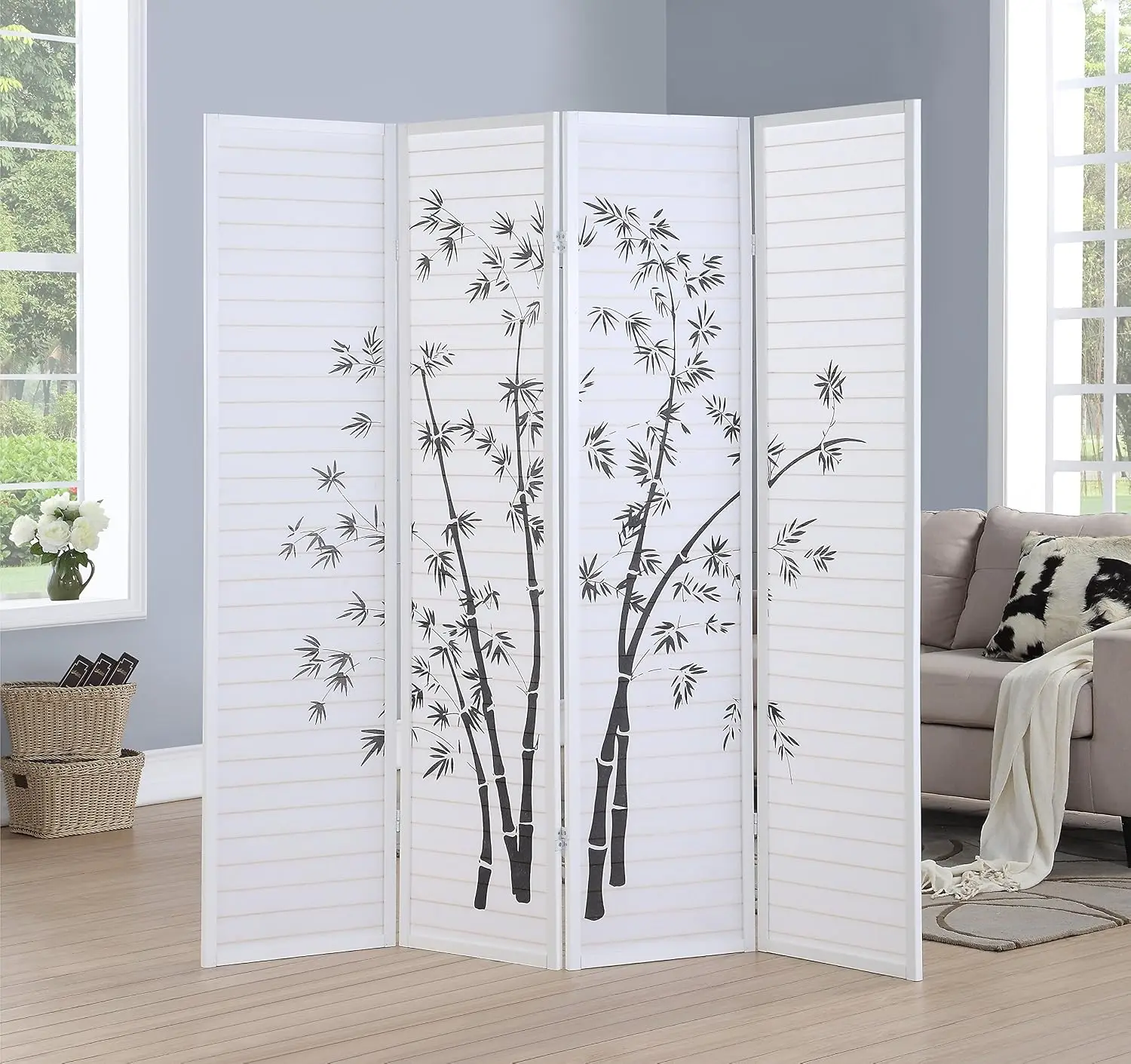 4-Panel Bamboo Print White Framed Room Screen Divider