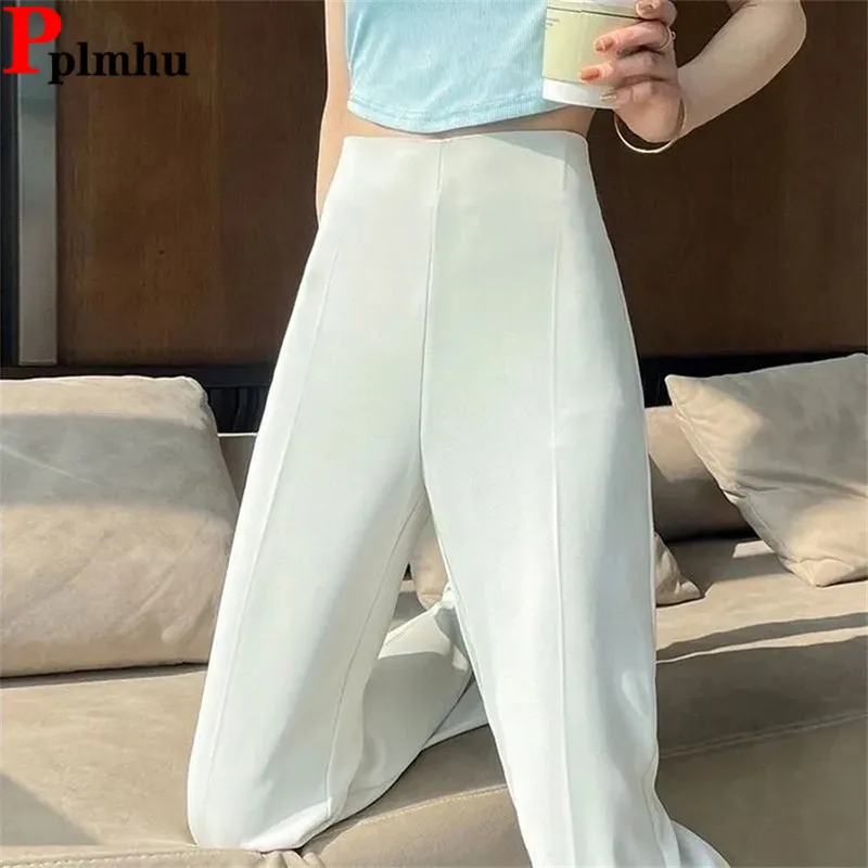 

Ol Ice Silk Elegant Suit Flare Pants Korea High Waist Casual Loose Boot Cut Pantalones Office Women Baggy Straight Spodnie