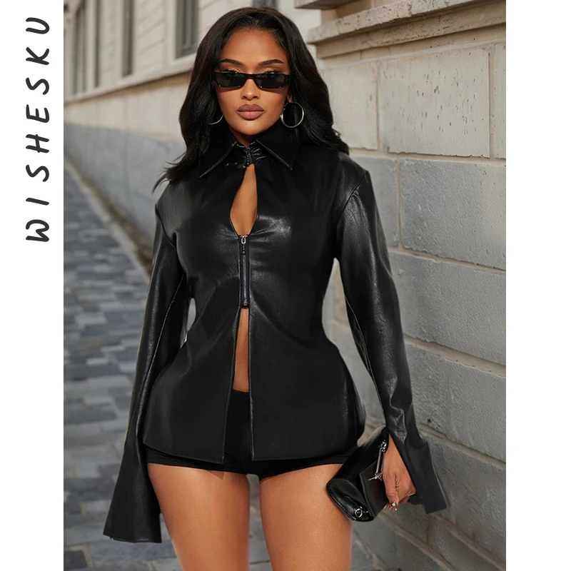 

Женская куртка из искусственной кожи с открытой спиной и вырезами, осенне-зимняя мода, пальто на молнии с длинными рукавами и воротником с лацканами, облегающая уличная одежда