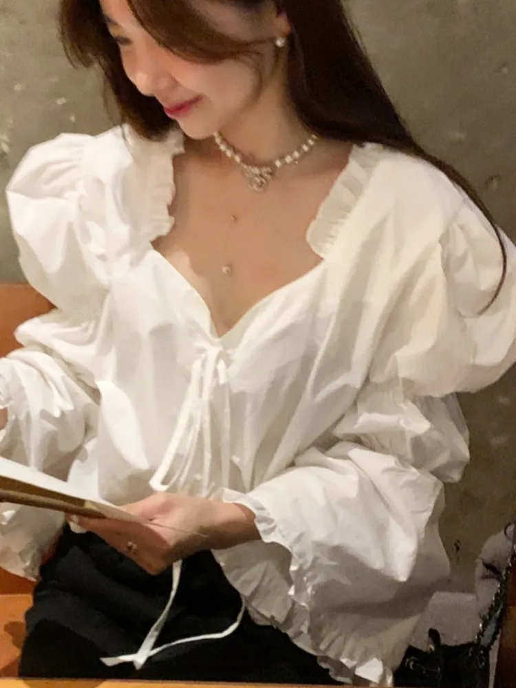 

Ele V-Ne Long Sve irt с воланами и кружевной отделкой, уникальный женский топ в Корейском стиле, весна-осень-зима