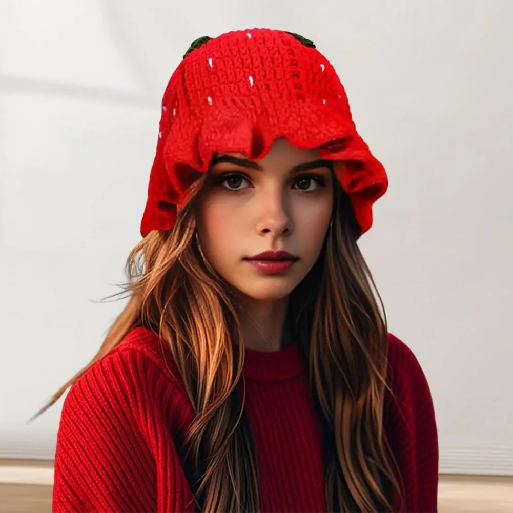 

Women Bucket Hat Sweet Girls Strawberry Crochet Bucket Hat For Fall Winter Knitted Yarn Sunscreen Headwear Photo Prop For Kids