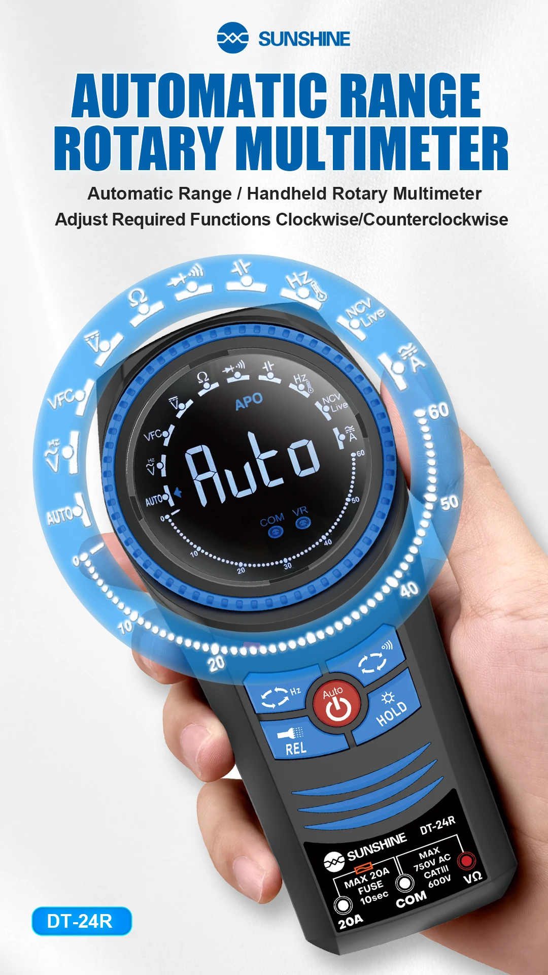 Sunshine DT-24R Automatic Range Rotary Multimeter For identifies and measures AC and DC voltage/resistance/Beep Device