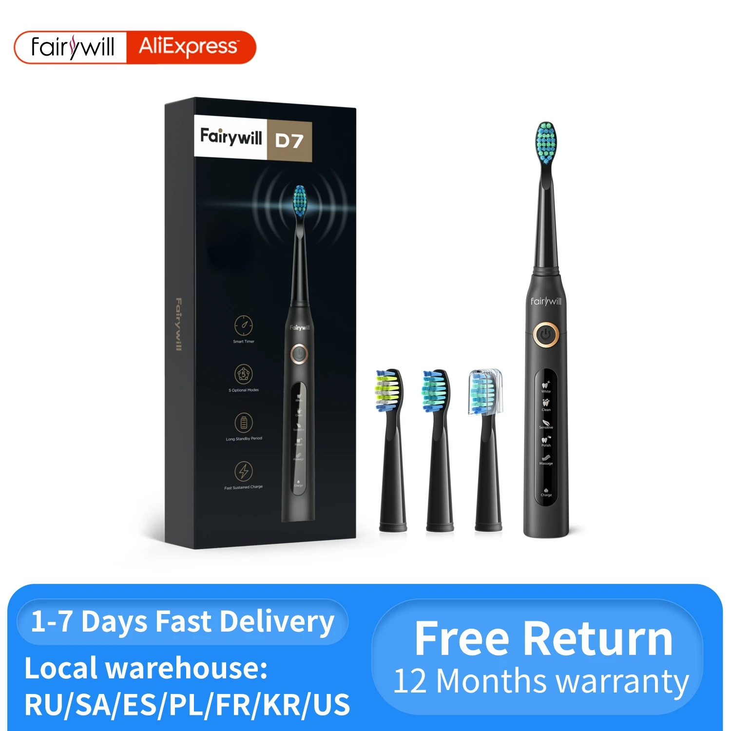 Fairywill Electric Sonic Toothbrush USB Charge FW-507 Rechargeable Waterproof Electronic Tooth Brushes Replacement Heads Adult