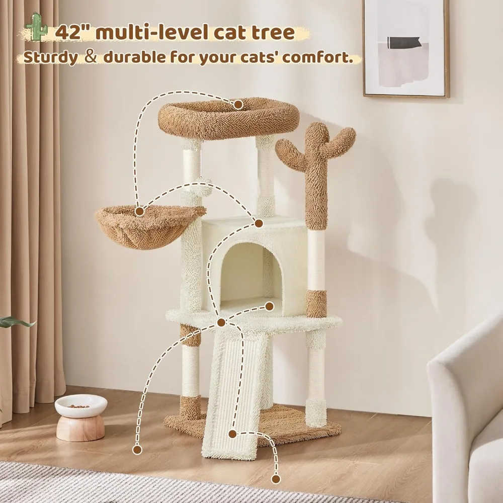 Cactus Cat Tree, 42in Cat Tower for Indoor Cats, Multi Level Kitten Condo Scratching Post, Pet Activity Center Furnitu