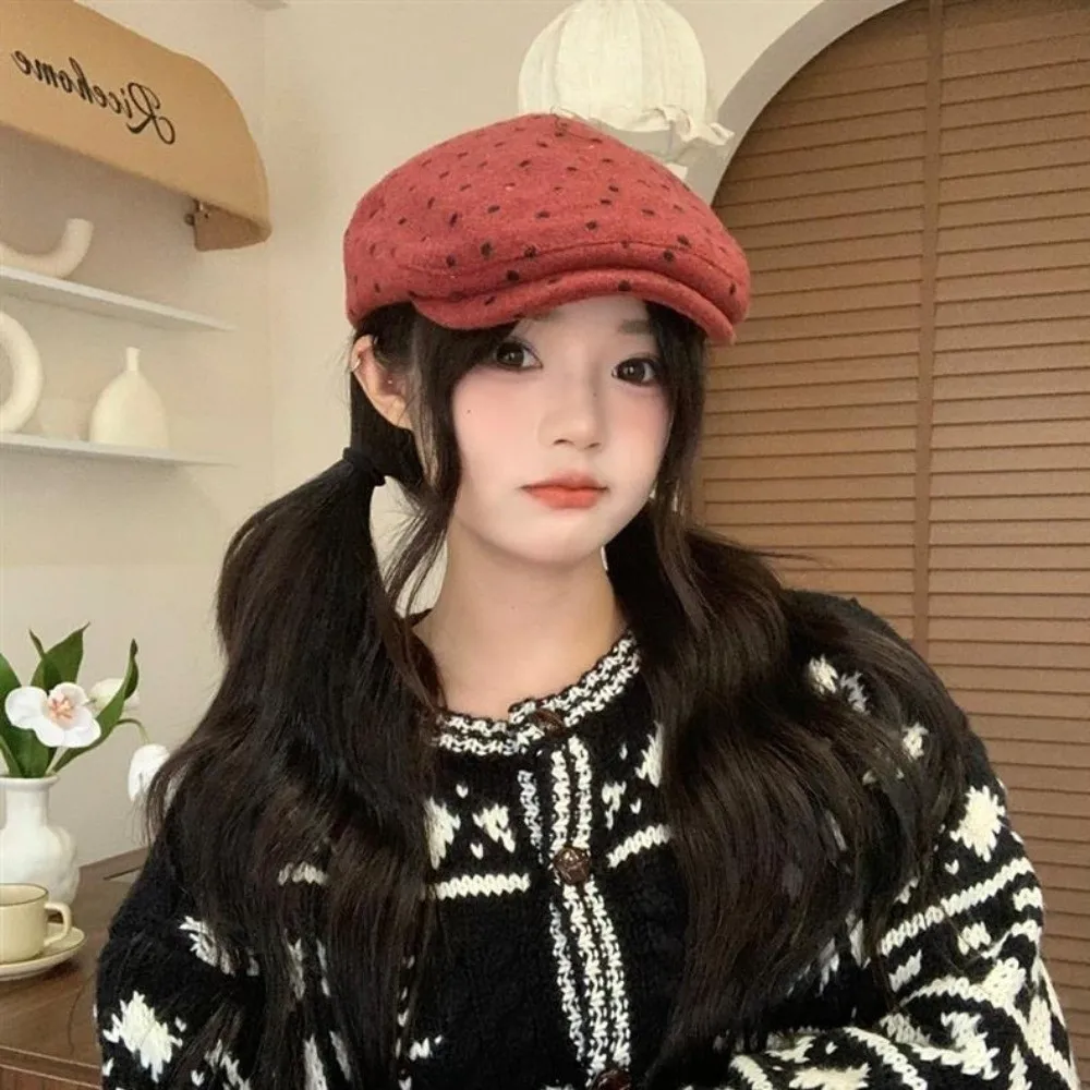 Fashionable Retro Forward Hat Polka Dot Adjustable Newsboy Cap Korean Style Painter Beret Autumn Winter Wear