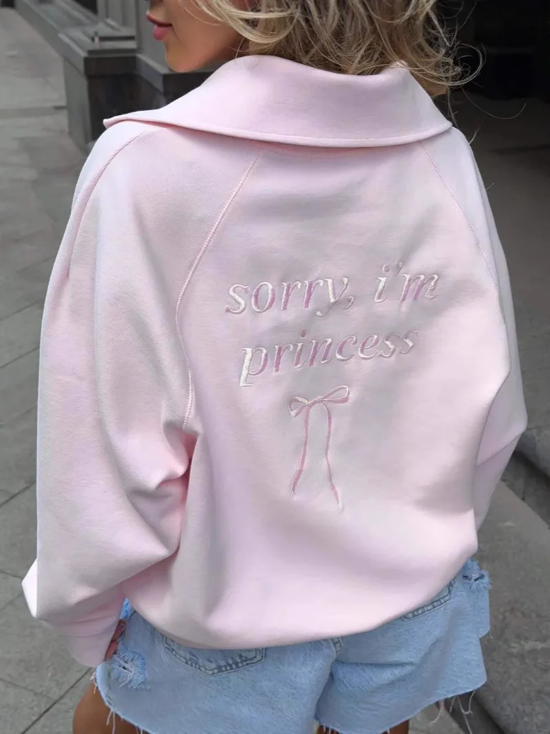 

﻿Fashion Women Pink Sweatshirt American Vintage Pullover Top New Loose Half Zip Letter Embroidery Outwear