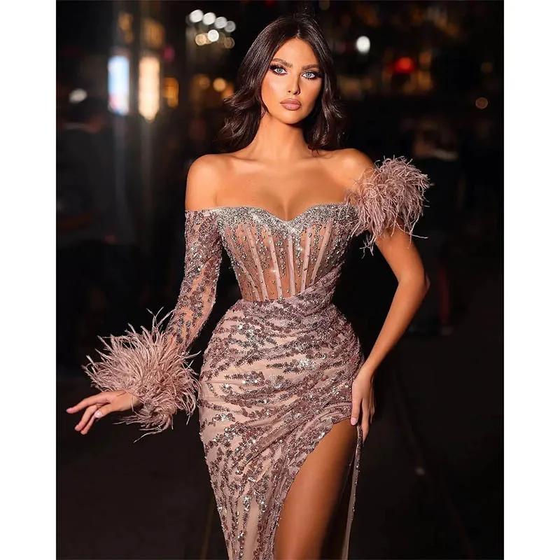 Sexy Luxury Mermaid Prom Dresses Sweetheart Off Shoulder One Sleeve Feathers High Split Backless Party Dress