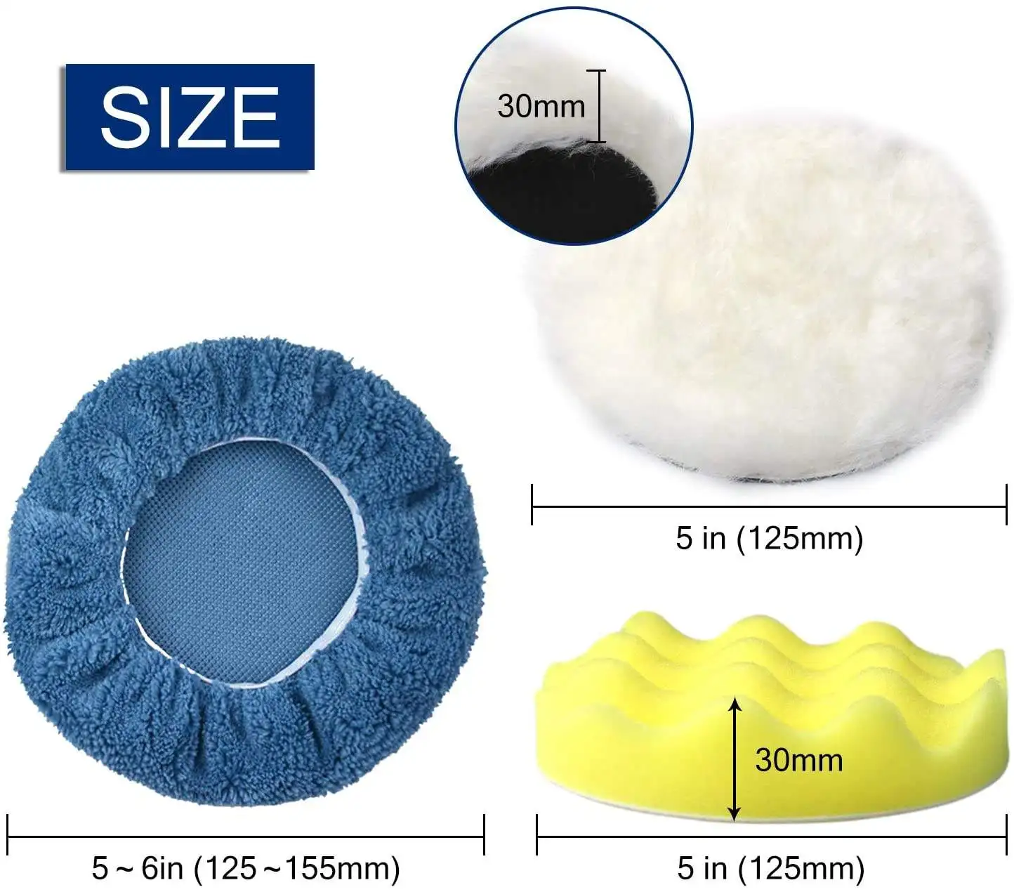 5 Inch Wool Bonnet Foam Sponge Polishing Pads Kit 7 Pcs with Adapters for Polisher Electric Drill Auto Body Repair Pad