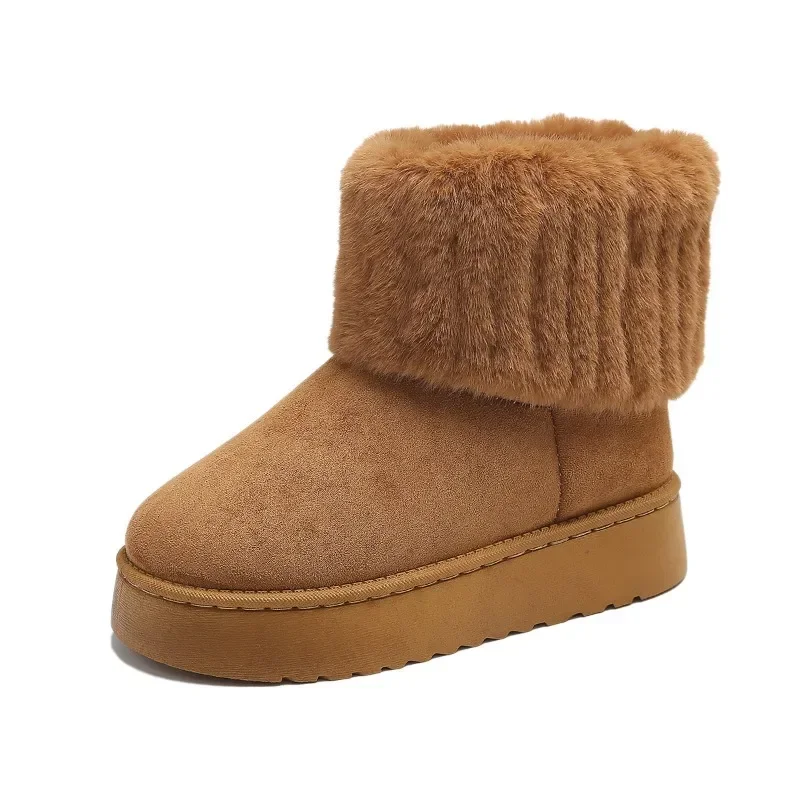 2024 Winter neue Frauen Schneeschuhe Mode Wildleder Plüsch warme Stiefeletten Wohnungen Plattform Damen Schuhe Botas