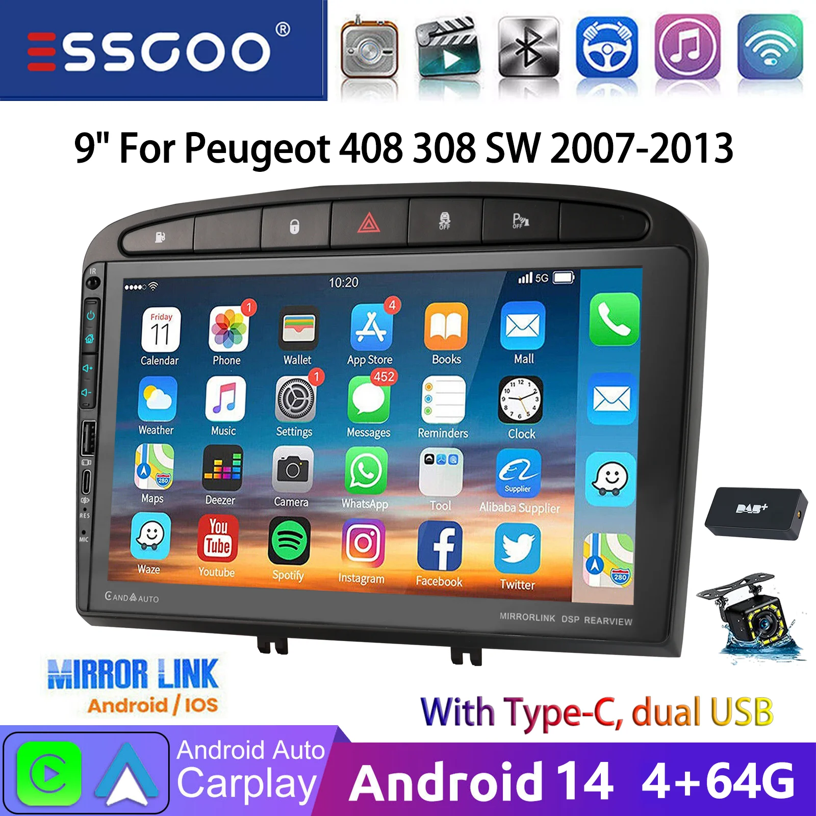 10 "Android 14 64G autoradio GPS Nav sans fil Carplay Android Auto pour Peugeot 308 408 RCZ 10-13 USB type-c WIFI RDS SWC