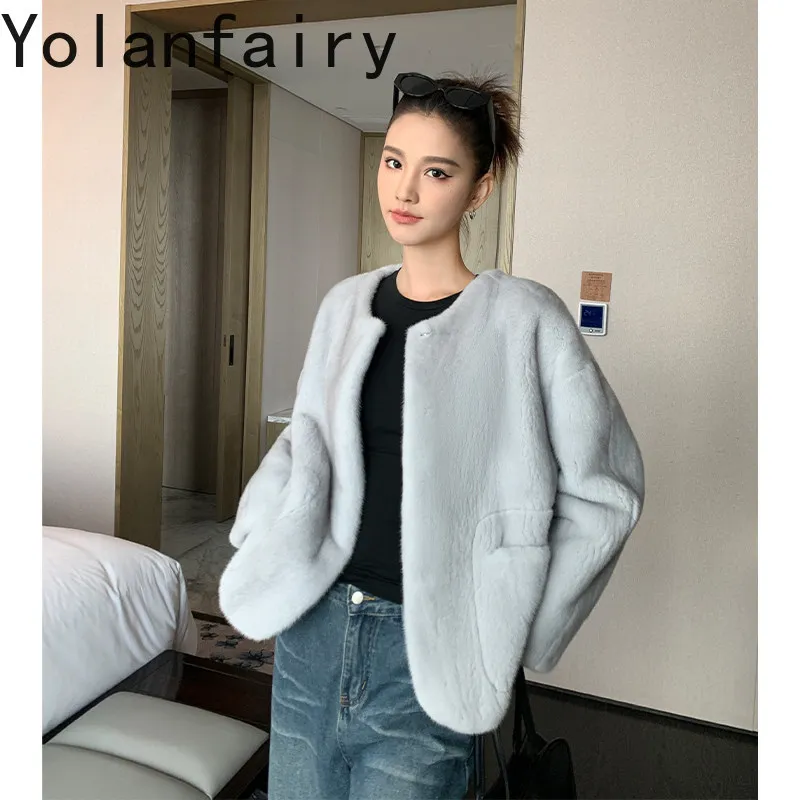 YOLANFAIRY Luxury Natural Mink Fur Coats for Woman Elegant O-neck Velvet Whole Mink Real Fur Jacket Simple Winter Women Clothing