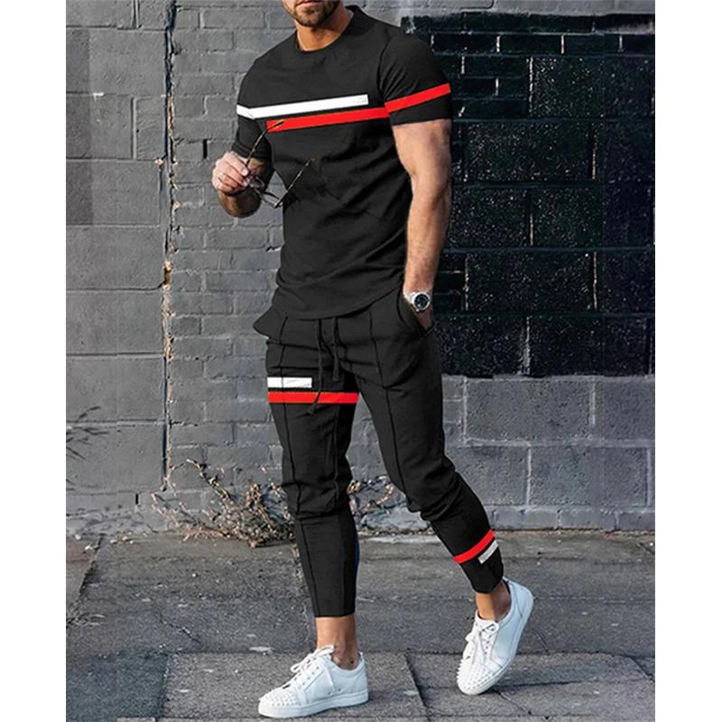 Erkek tişört pantolon eşofman şerit 3D baskı T shirt pantolon setleri 2 parça moda Streetwear erkek boy takım elbise spor