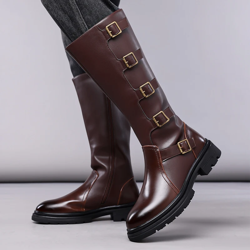Men Knee High Boots Belt Buckle Long Boots Round Toe Thick Heel Mid-Calf Boots Fashion Motorcycle Boot Zipper Leather Men Shoes