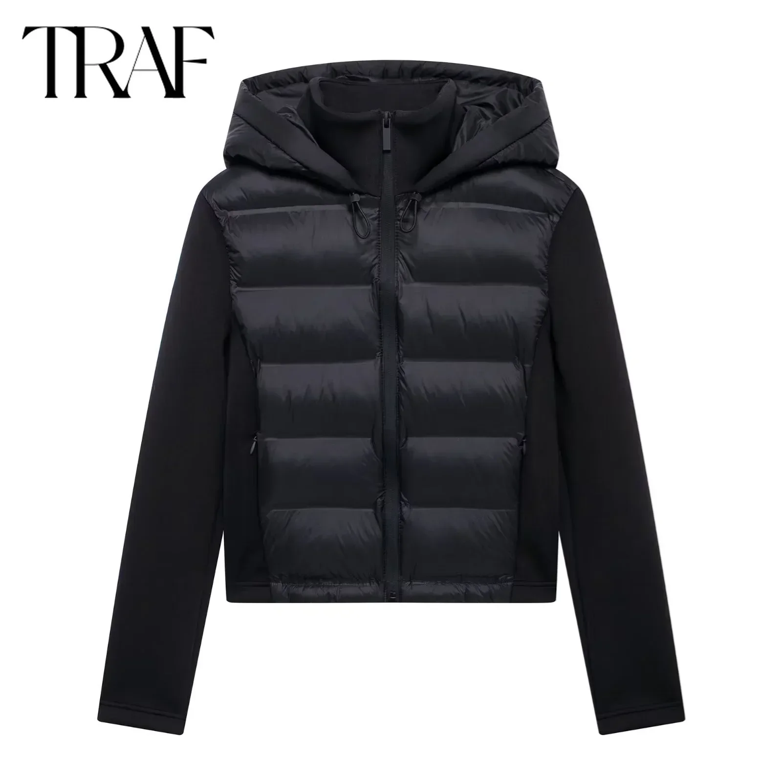 TRAF Cotton Jacket for Women Fashion 2024 Winter New Solid Black Long Sleeve Zip Hooded Short Coats Chic Ladies Tops Mujer