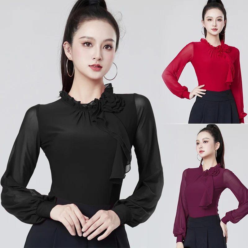 

Топ для бальных танцев, тренировочные топы с длинными рукавами, женская стандартная одежда для современных танцев, тренировочная одежда для латинских танцев для взрослых, черный, красный AMY2540