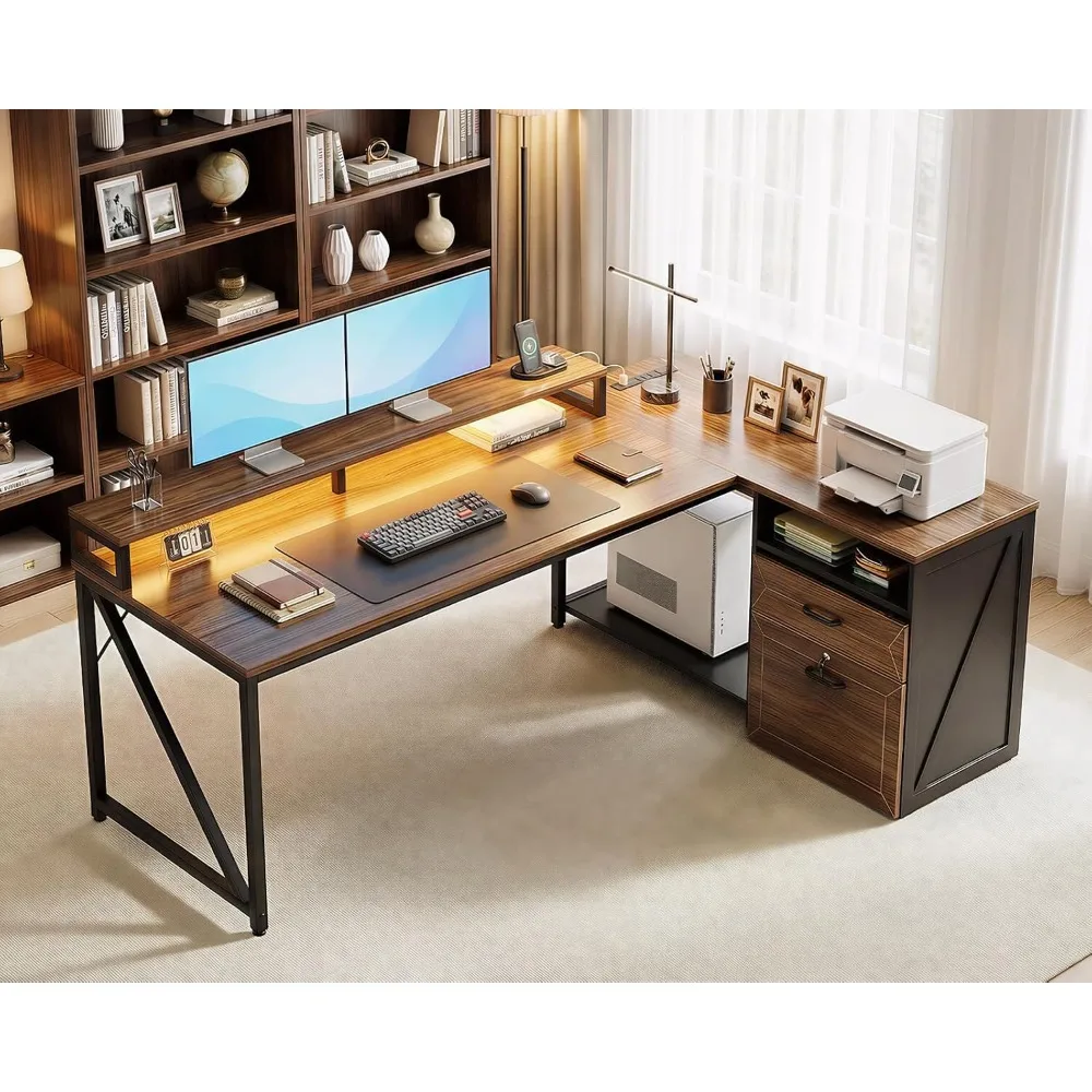 

Угловой стол L-образной формы с деревянными ящиками и запирающимся шкафом для документов, большой офисный стол 61 дюйм с розеткой, на заказ