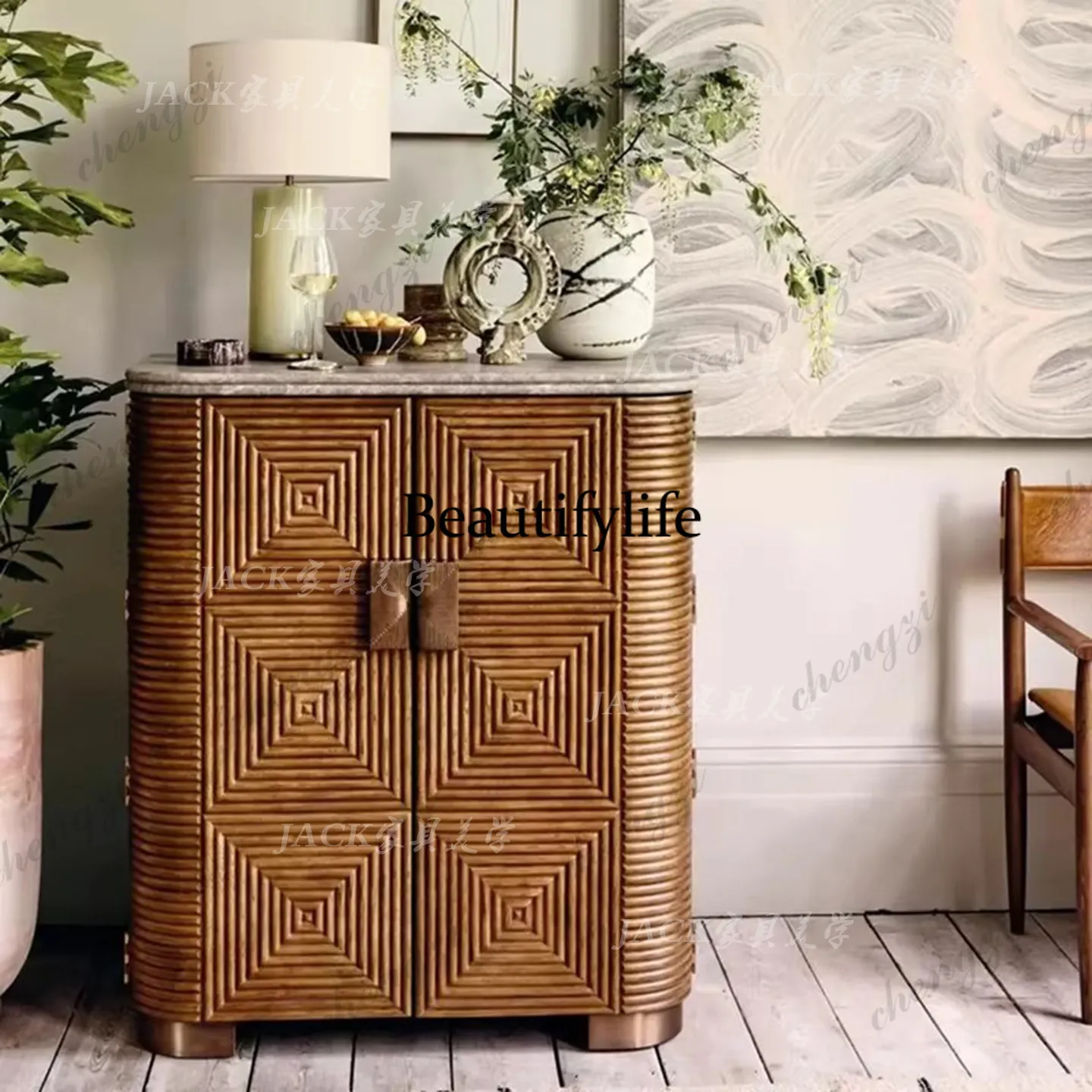 

French retro solid wood carved dining side cabinet, storage cabinet, medieval wall decorative storage cabinet customization