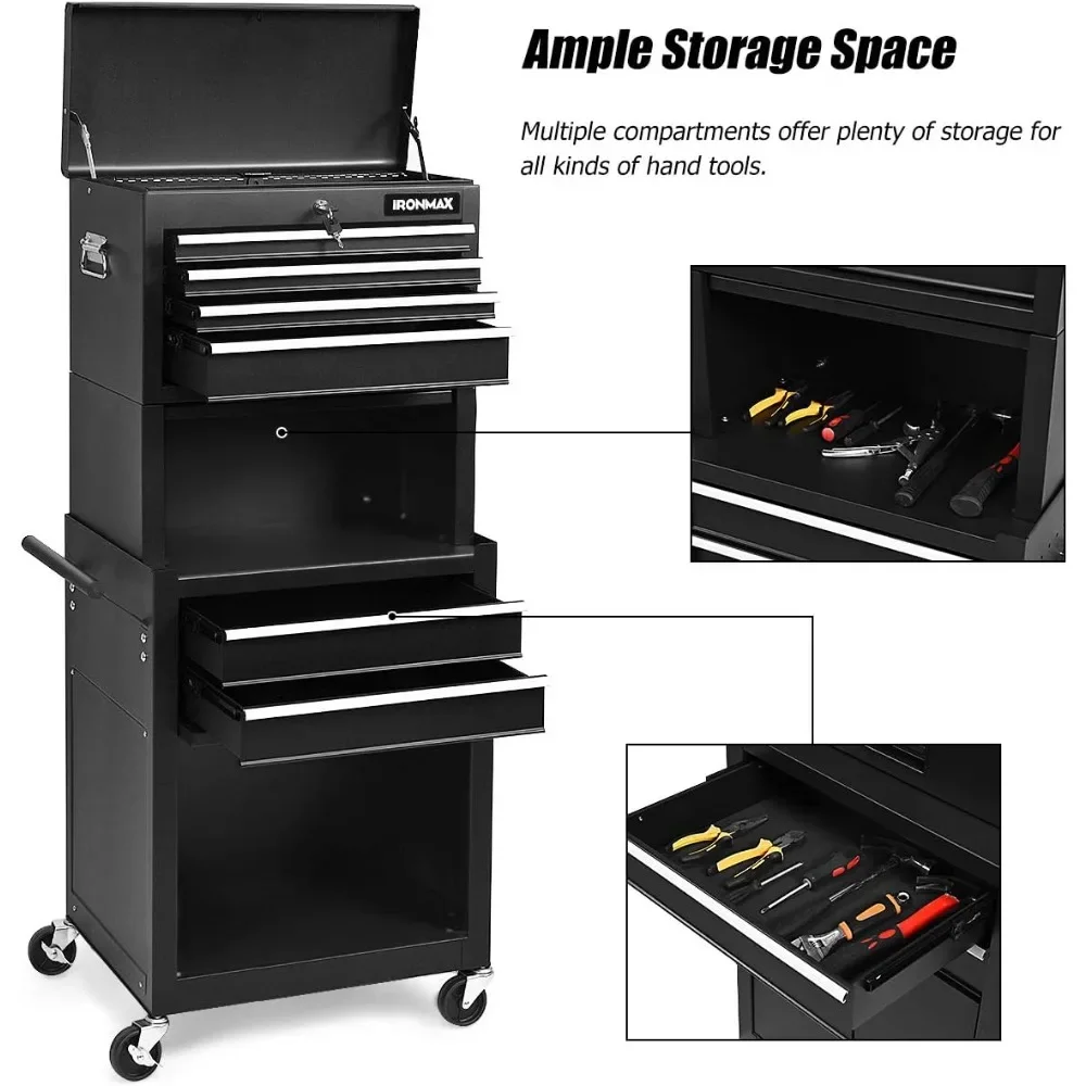 Large-scale Rolling Tool Chest - Removable Top Box Large Bottom Cabinet with Casters and Lock System Tool-Box Heighten 6-Drawer