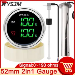 NEW 52mm Dual Gauge Water Level Gauge Sewage Level Meter with Warning Water Level Sensor 0-190 Ohm for Marine Boat Truck Car