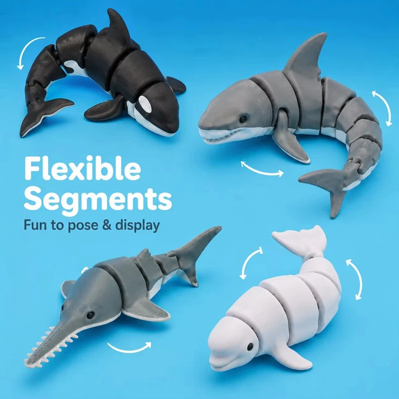 3D Printed Simulation Marine Animal Figure Model Orca Shark Dolphin Seal Movable Joints Ornament Home Decoration for Kid Gift