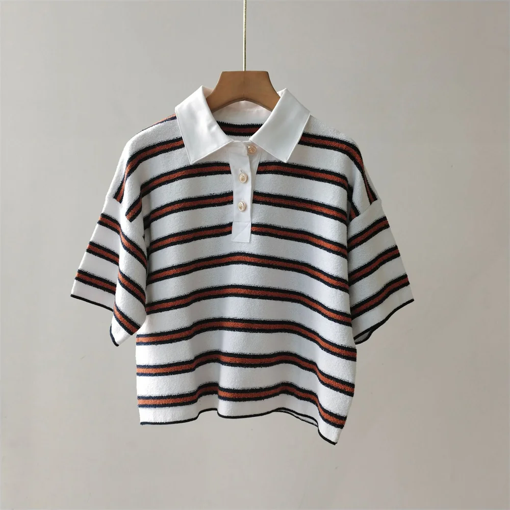 

Spring/Summer 2026 New Color-blocked Short-Sleeve Striped Polo Collar Knit Top T-Shirt
