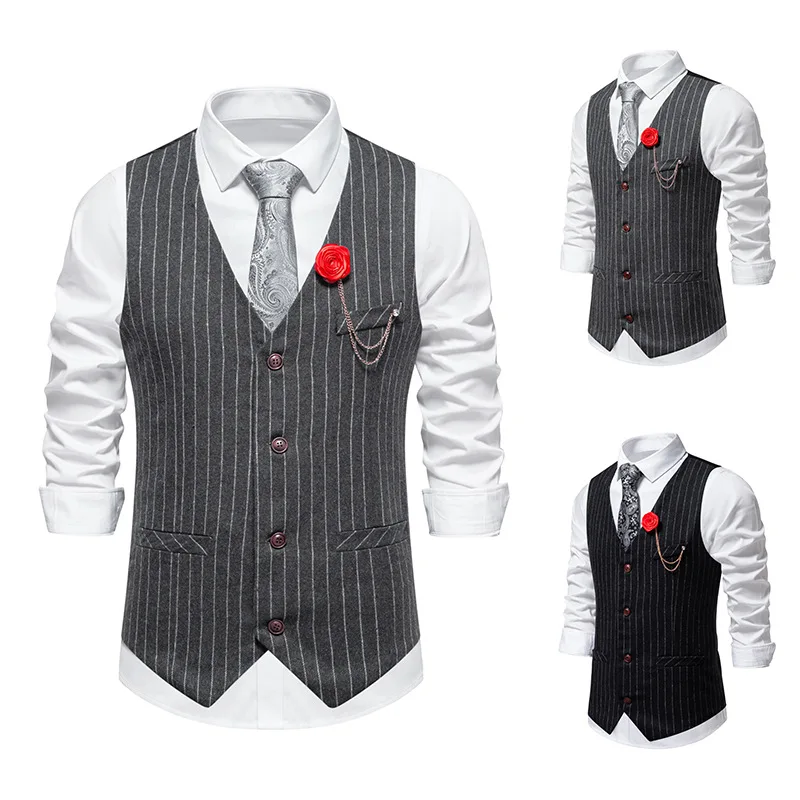 Spring New Men\'s Retro Stripe Single Breasted Casual Suit Comfortable Vest Top