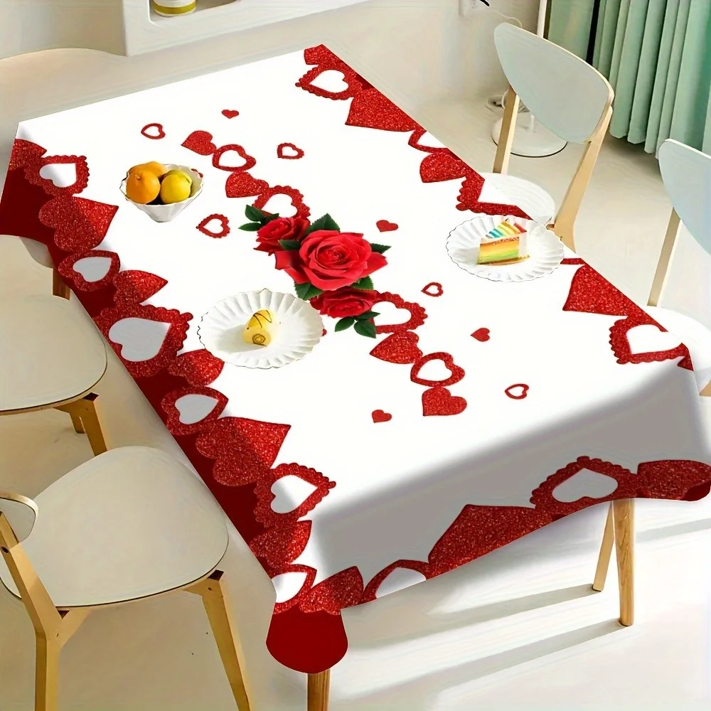 1pc Red Rose Tablecloth Suitable for Valentine's Day, Weddings, Parties - Elegant Washable Polyester Table Cover with Romantic R