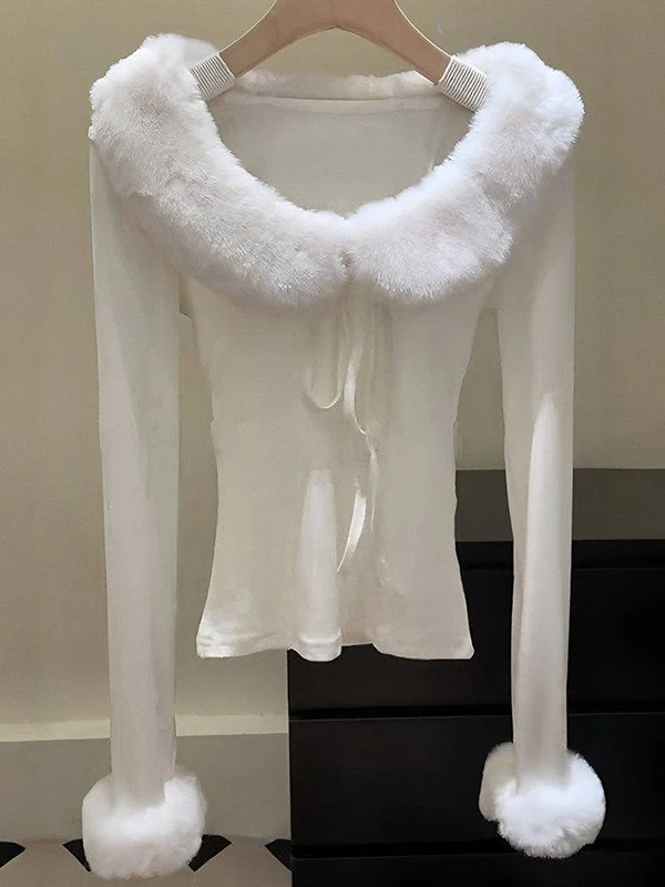 

Korean Sle Women's Knitted Sweater with Belt Slim Fit Fur Collar Autumn Winter New Arrival Beautiful Base Layer Top