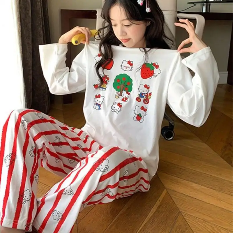 

Женская пижама в стиле Sanrio Hello Kitty, осенний комплект для сна с длинными рукавами, милый домашний костюм с мультяшным принтом и брюками в полоску ﻿