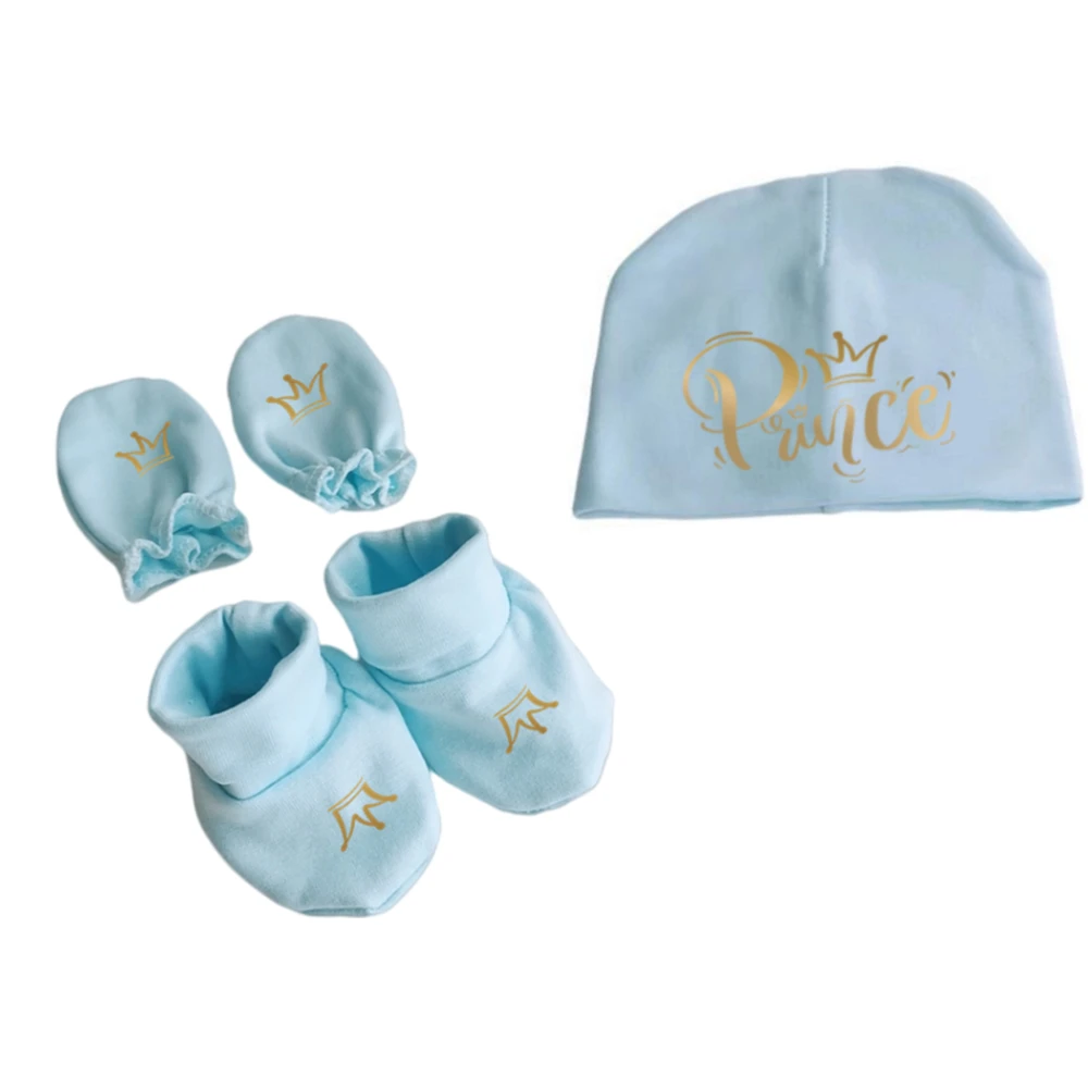 newborn baby hat set photography props cotton beanie with gloves foot covers letter  princess prince crown