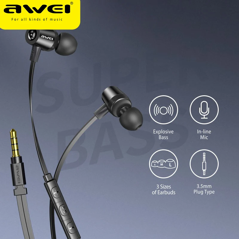 

Awei L1 Wired Earpuds 3.5mm Plug Bass HiFi Stereo Surround Earbuds In-ear Wire-Controlled Microphone Call Music Wired Earphones