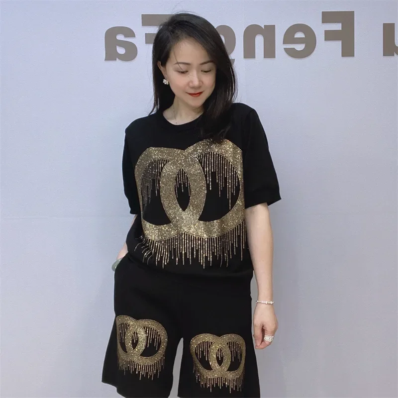 

2PCS Glitter Summer Short Sets Women Clothes Black Casual Elastic Diamonds Suit Circular Pattern T Shirt Костюм Женский Летний