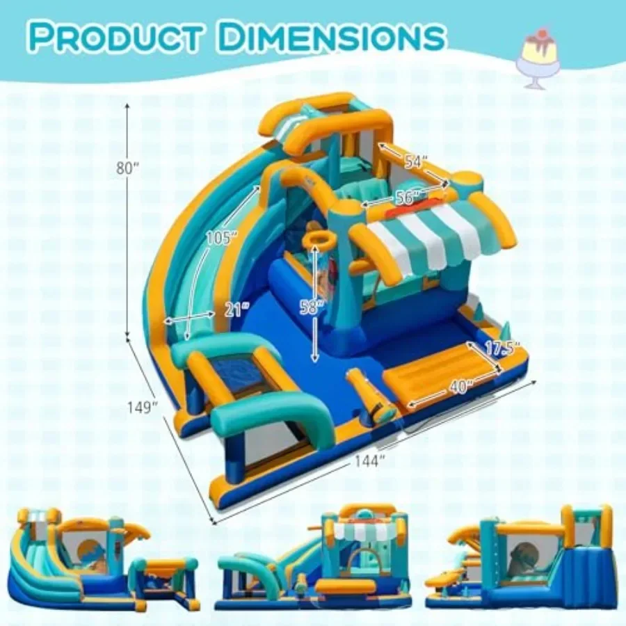 Bounce House Water Slide, Water Bounce House for Big 3-12 Wet Dry with Pool, Toy Market, Football Goal, Basketball Hoop, Blow u