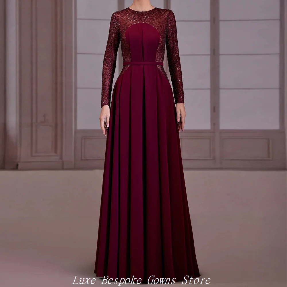 

Women's Formal Evening Gowns A-line Floor-length O-neck Full Sleeve Prom Dresses Fashion Sequined Simple Draped Customized Gowns
