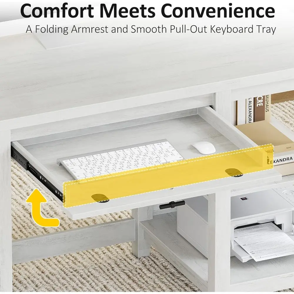 White Large Writing Desk with Adjustable Keyboard Tray, Drawers, and Magazine Rack for Home Office and Study