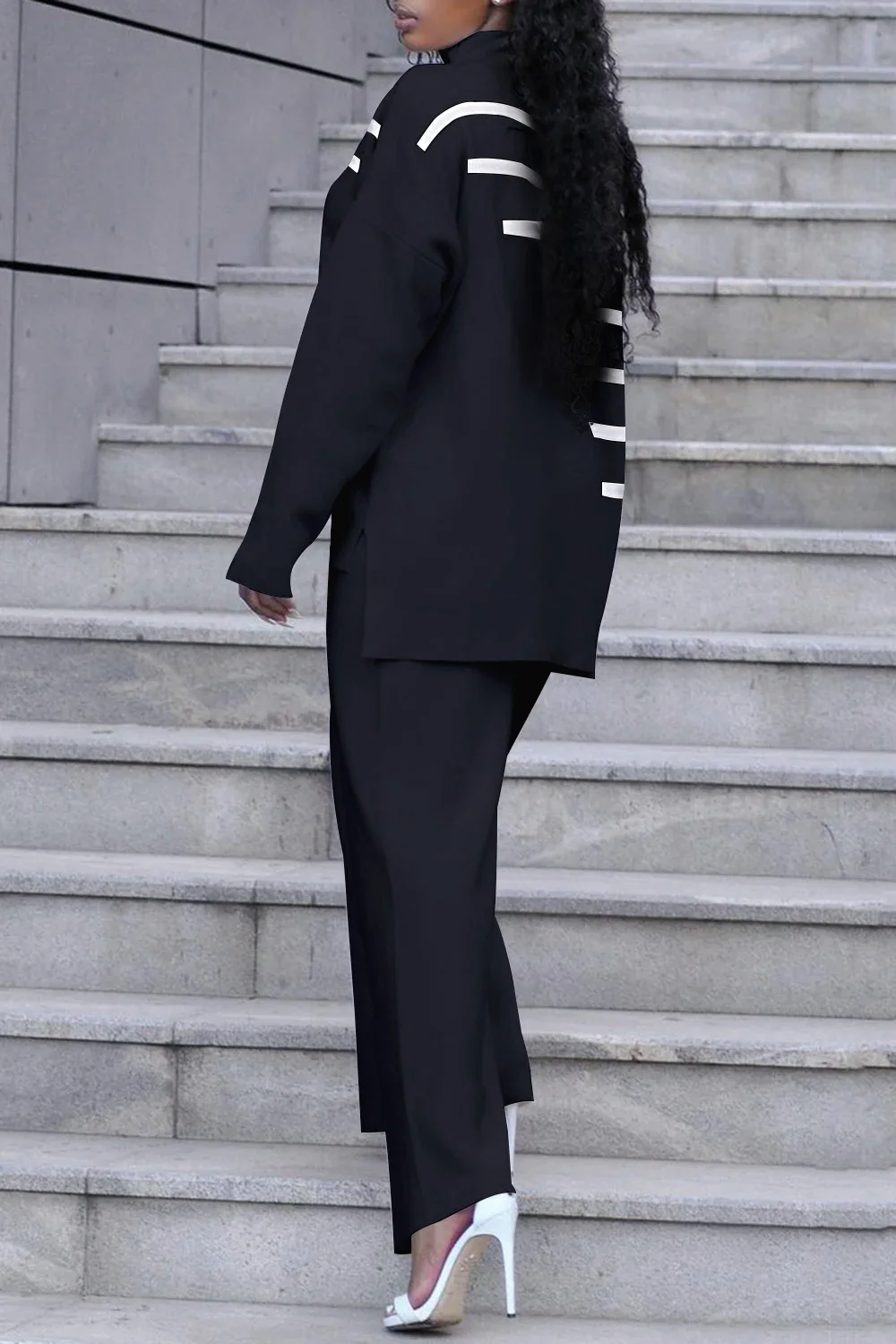 Plus Size Business Casual Black Striped Mock Neck Long Sleeve Asymmetric Hem Two Piece Pant Sets