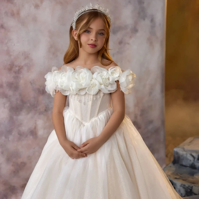 Customized White Flower Girl Dresses Tulle With 3D Flowers Sleeveless For Wedding Birthday Party Banquet Prom Princess Gowns