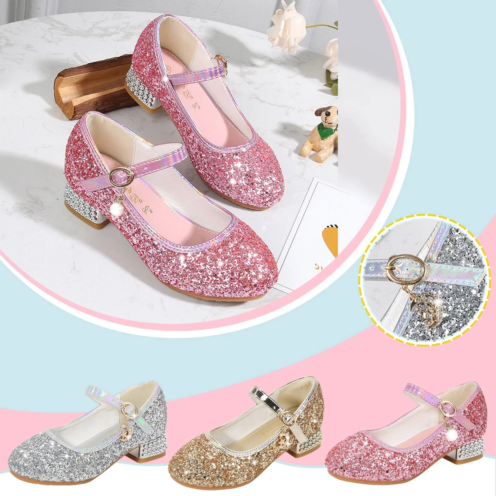 Toddler Little Kid Girls Dress Pumps Glitter Sequins Princess Low Heels Party Girls Shoes Heels Size 4 Soccer Slide Sandals