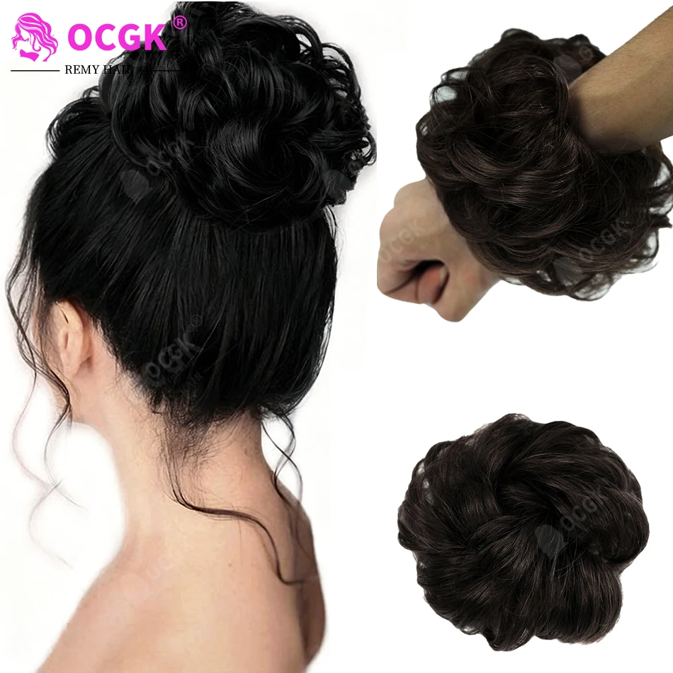 Extensiones de Moño de Cabello Humano 100% Real, Rizado Desordenado, Elástico, Tipo Scrunchie, Postizo para Moño Donut, Suministro al por Mayor